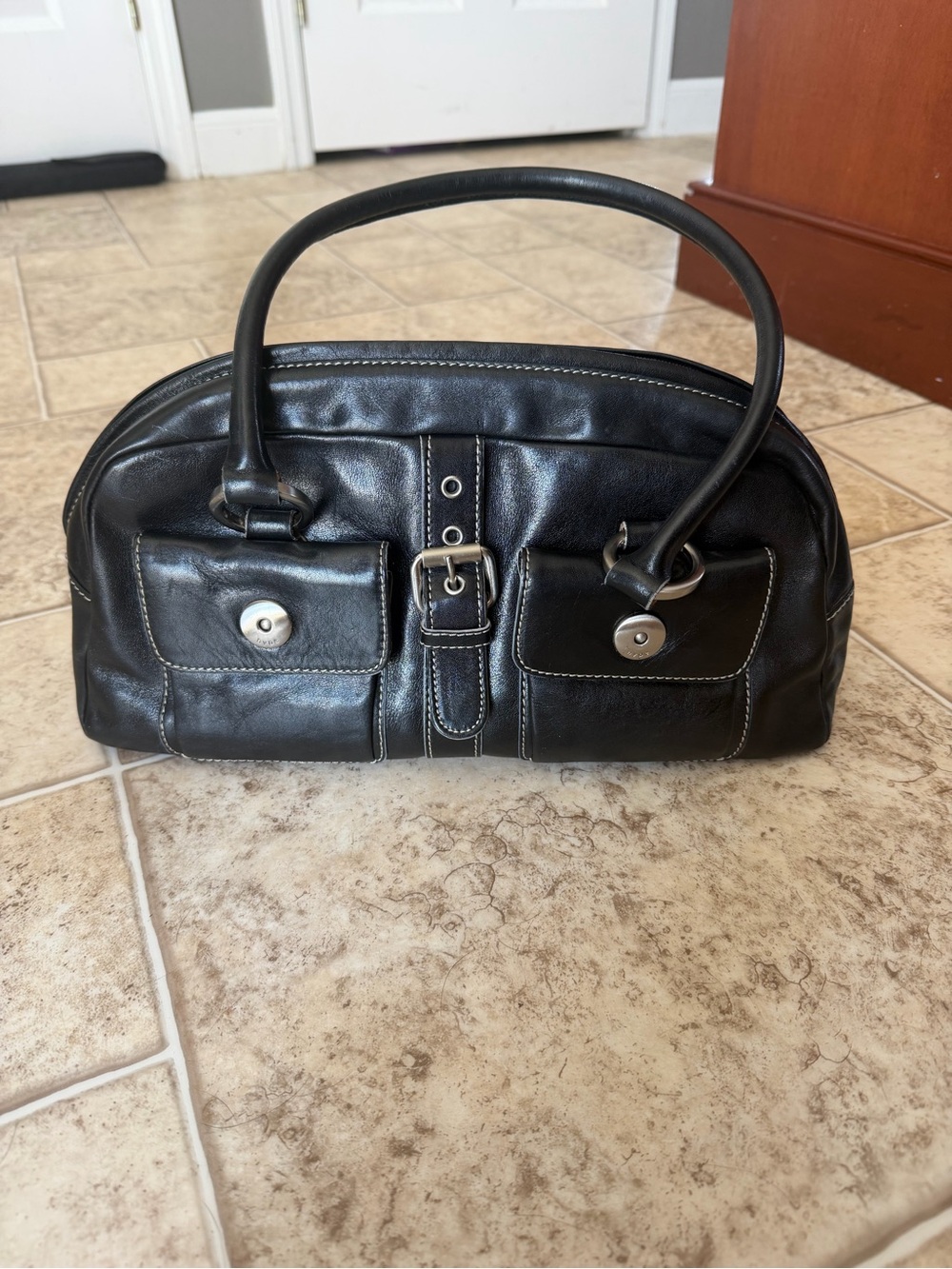 Vintage Y2K Hype Genuine Leather Black Shoulder Bag - Double Front Pockets